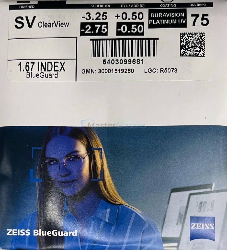 Линза для очков ZEISS Single Vision ClearView 1.67 BlueGuard DVP UV